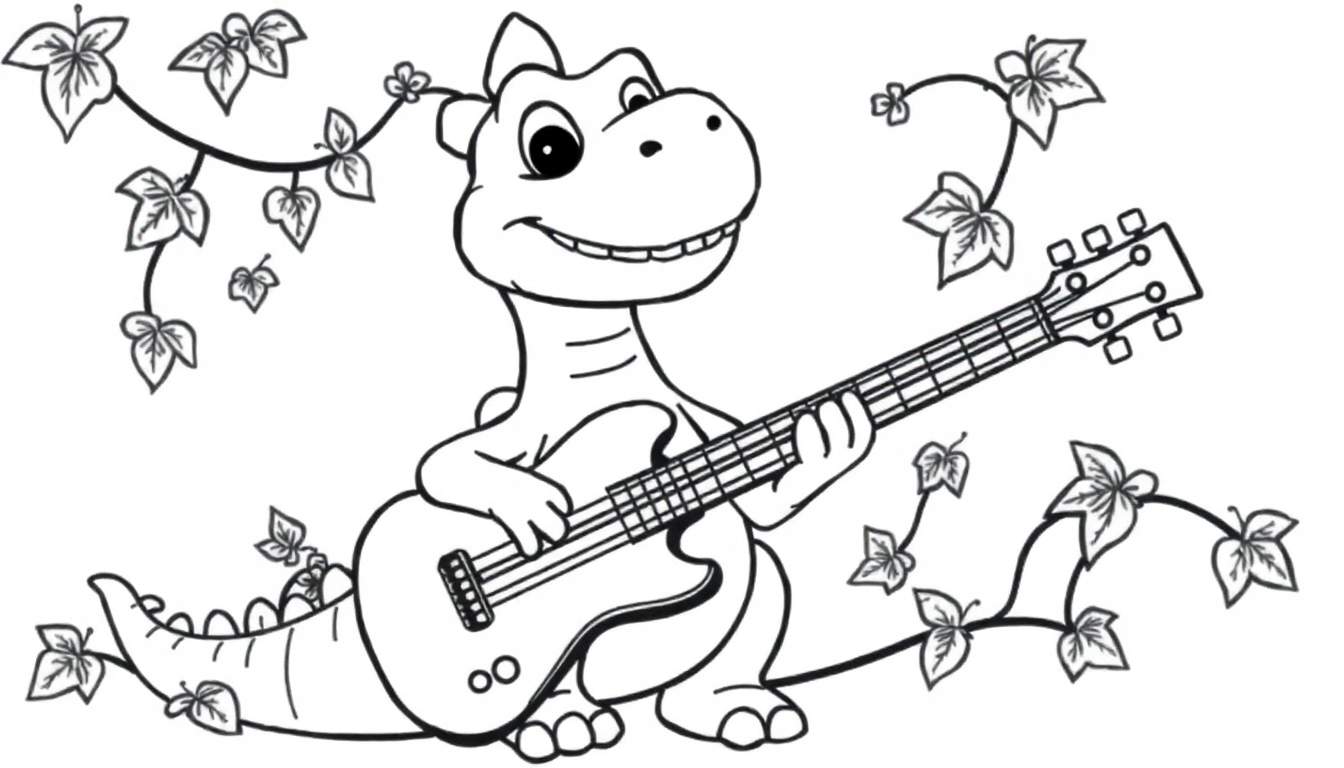 Un dinosaurio tocando la guitarra con plantas de hiedra, diseño de placa para colorear.