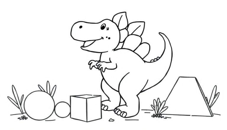 Un dibujo lineal de un estegosaurio amigable con placas en la espalda, jugando con formas geométricas, incluyendo un cubo y esferas, en un paisaje con plantas y una forma piramidal truncada. La placa de color está representada en las placas del dinosaurio.