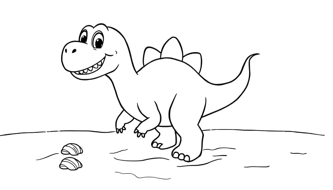 Un dibujo a color de un dinosaurio amigable con placas en la espalda, en una playa con conchas.