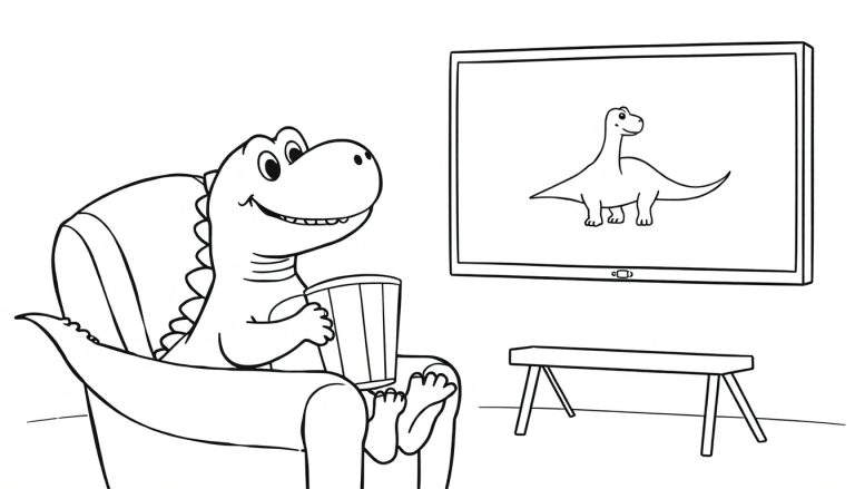 Placa de color de un dinosaurio feliz comiendo palomitas frente a un televisor que muestra otro dinosaurio.