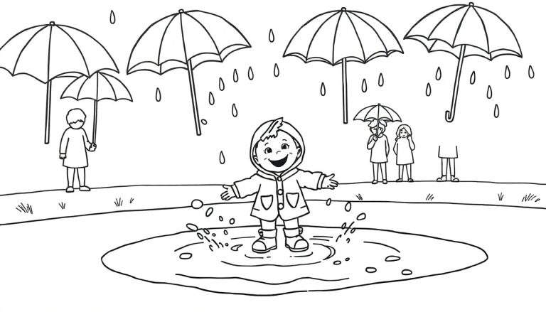 Un niño sonriente chapoteando en un charco bajo paraguas de colores, un dibujo lineal en blanco y negro para colorear.