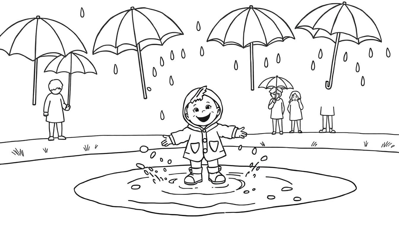 Un niño sonriente chapoteando en un charco bajo paraguas de colores, un dibujo lineal en blanco y negro para colorear.