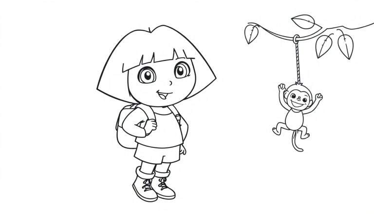 Página para colorear de Dora la Exploradora con su mochila y botas, y un mono feliz en una rama.