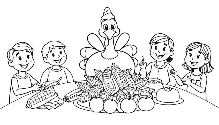 Una página para colorear en blanco y negro de un pavo sonriente con un sombrero festivo rodeado de niños y una mesa llena de comida, incluyendo maíz y pasteles.