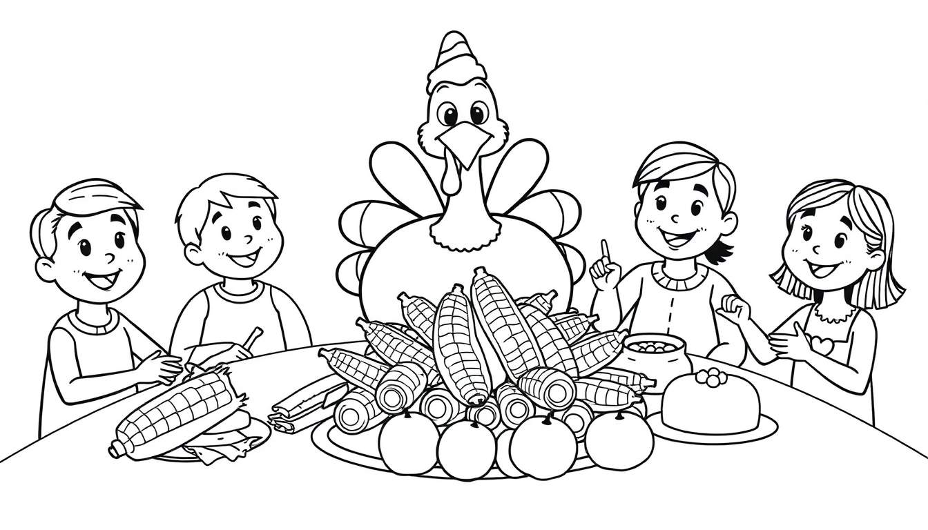 Una página para colorear en blanco y negro de un pavo sonriente con un sombrero festivo rodeado de niños y una mesa llena de comida, incluyendo maíz y pasteles.