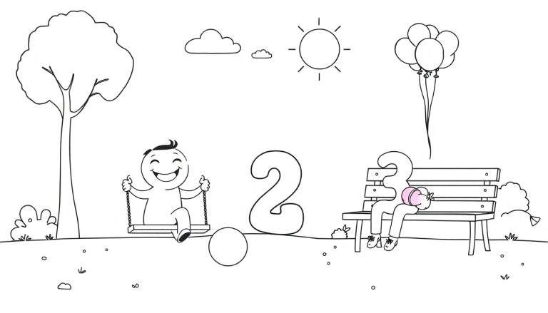 Un dibujo para colorear de los números 2 y 3 jugando en un parque, con un sol y globos. Ideal para una placa de color.