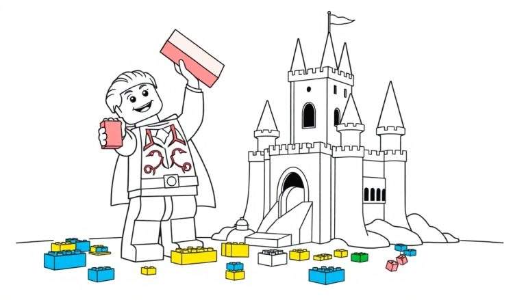 Un caballero Lego con capa construye un castillo de Lego con bloques de colores, con una placa de color en la mano.