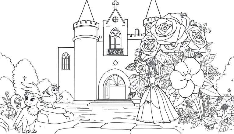 Una página para colorear con un castillo gótico, una princesa y unicornios alados. Placa de color.