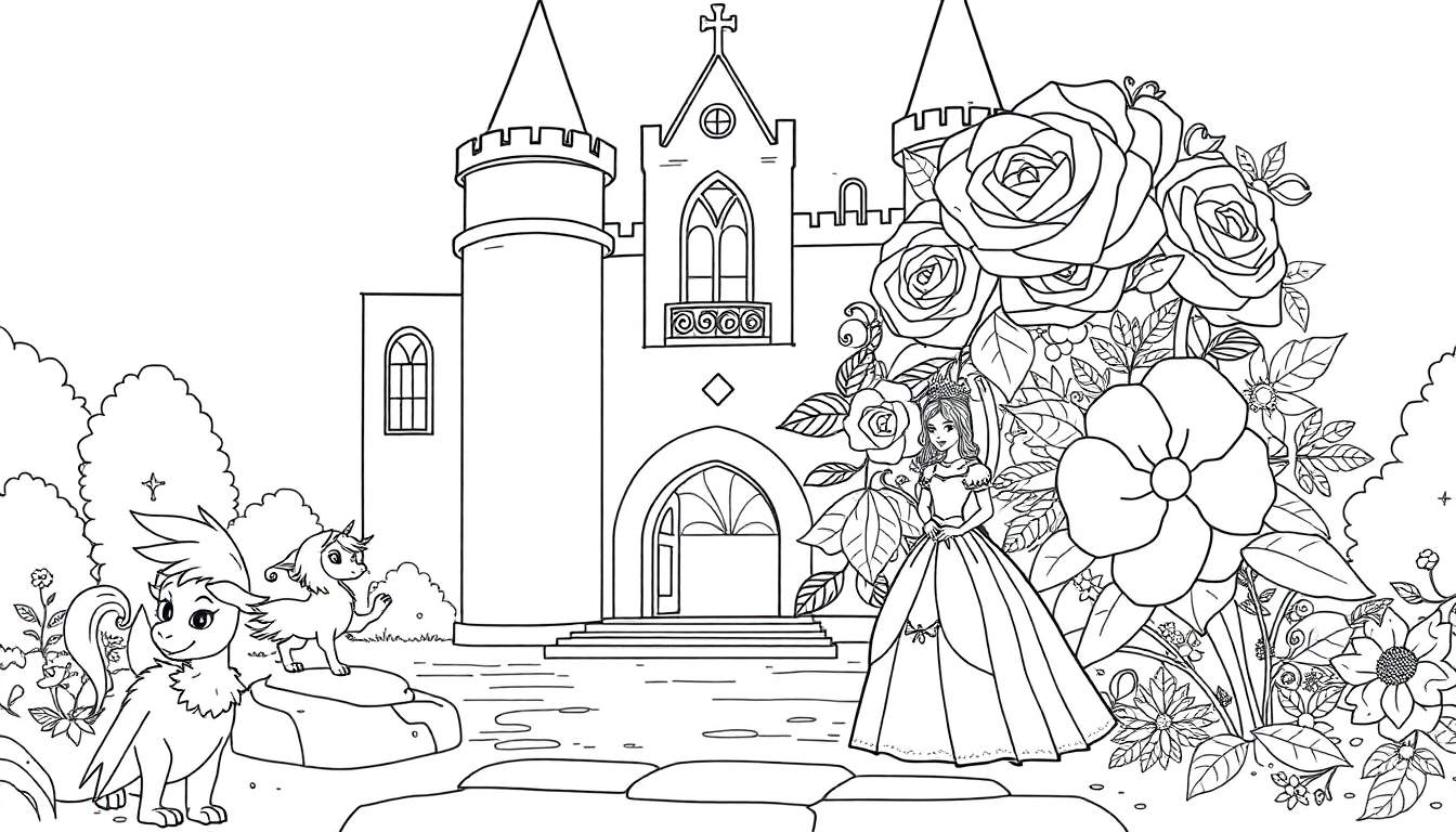 Una página para colorear con un castillo gótico, una princesa y unicornios alados. Placa de color.