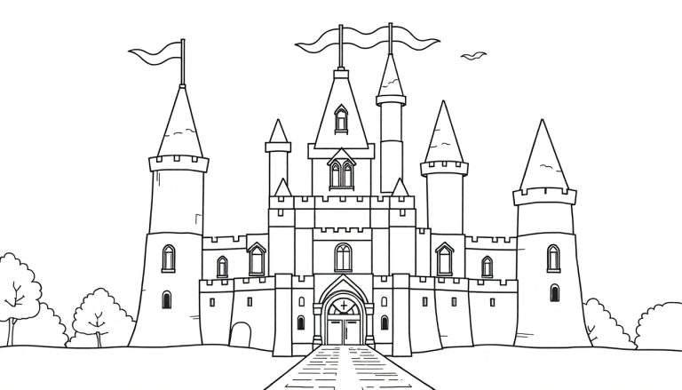 Un castillo de cuento de hadas con torres altas y banderas, invitando a añadir una placa de color.