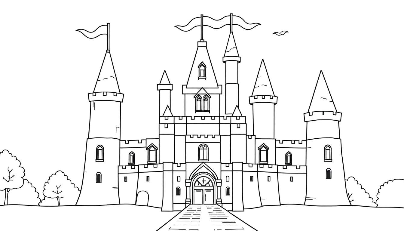 Un castillo de cuento de hadas con torres altas y banderas, invitando a añadir una placa de color.