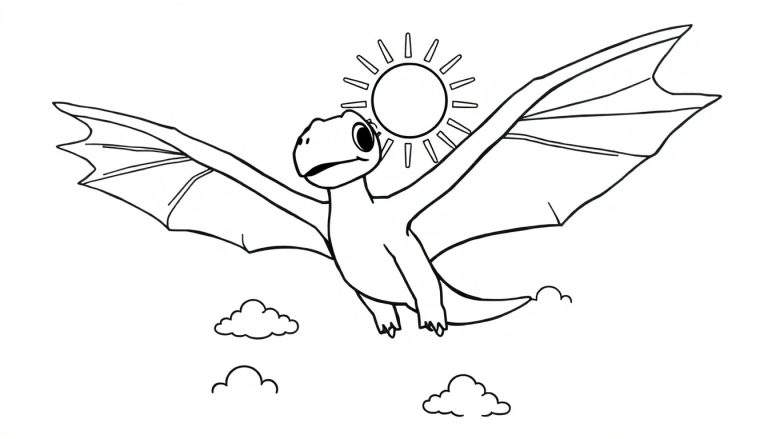 Un dragón amigable con las alas extendidas volando en el cielo con un sol y nubes. Placa de color.
