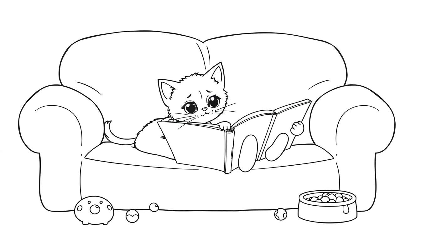 Gatito adorable en un sofá leyendo un libro, página para colorear en blanco y negro, plato de color.