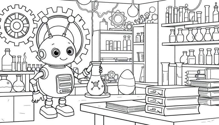 Un robot amigable sostiene un matraz en un laboratorio, con una placa de color para la imaginación.