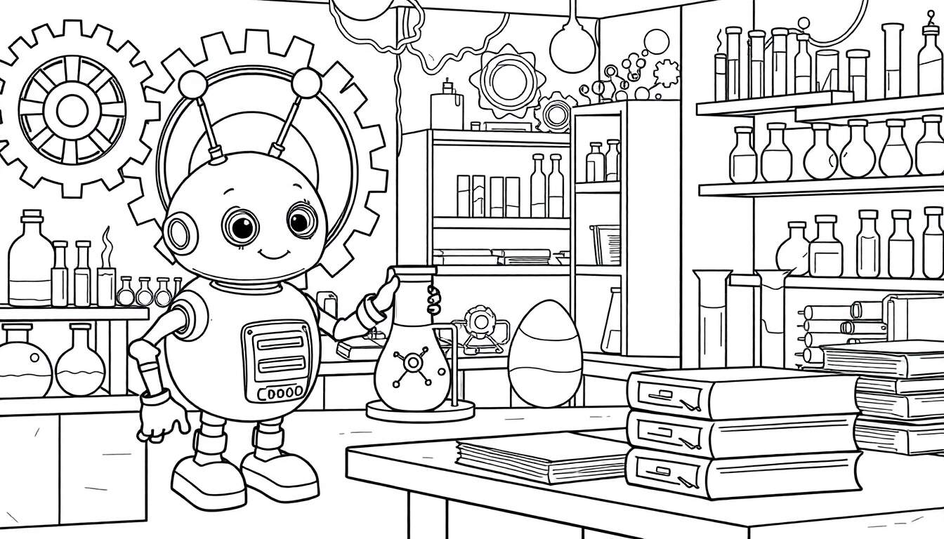 Un robot amigable sostiene un matraz en un laboratorio, con una placa de color para la imaginación.