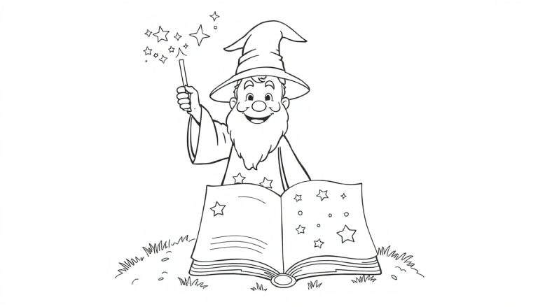 Mago amigable con barba y sombrero puntiagudo, sosteniendo una varita que emite estrellas, frente a un libro de magia abierto con estrellas y círculos en una placa de color.
