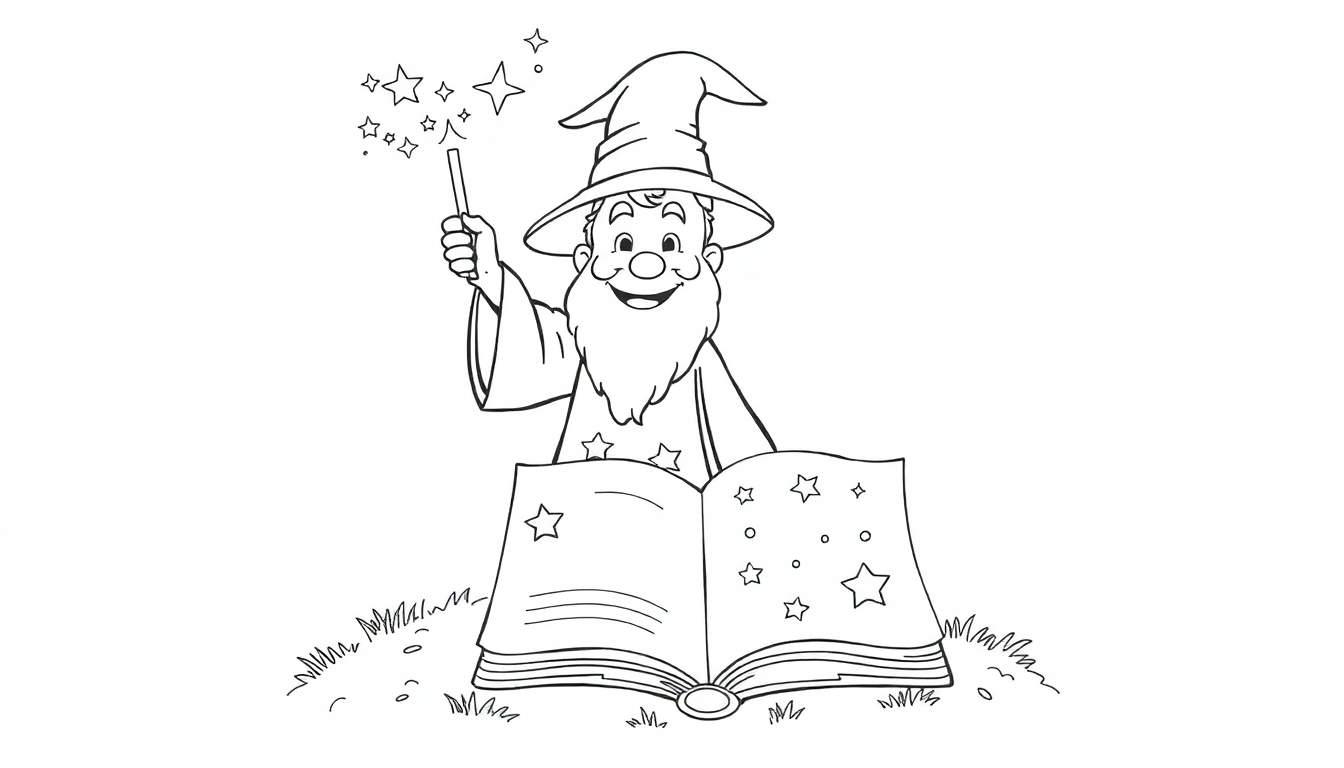 Mago amigable con barba y sombrero puntiagudo, sosteniendo una varita que emite estrellas, frente a un libro de magia abierto con estrellas y círculos en una placa de color.