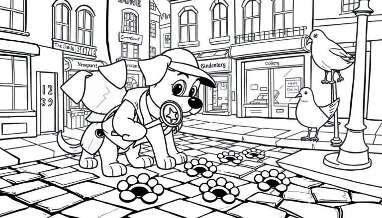 Perrito detective usando una lupa en una calle de ciudad