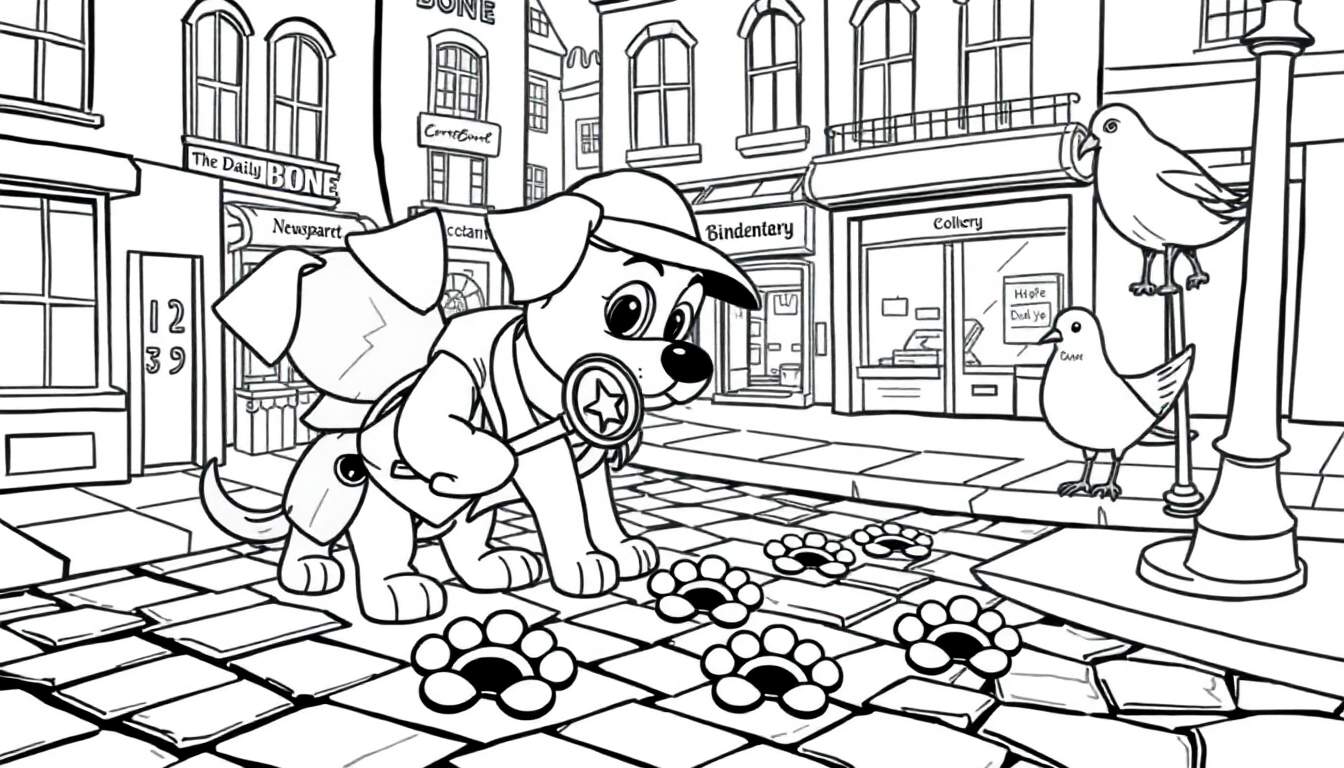 Perrito detective usando una lupa en una calle de ciudad