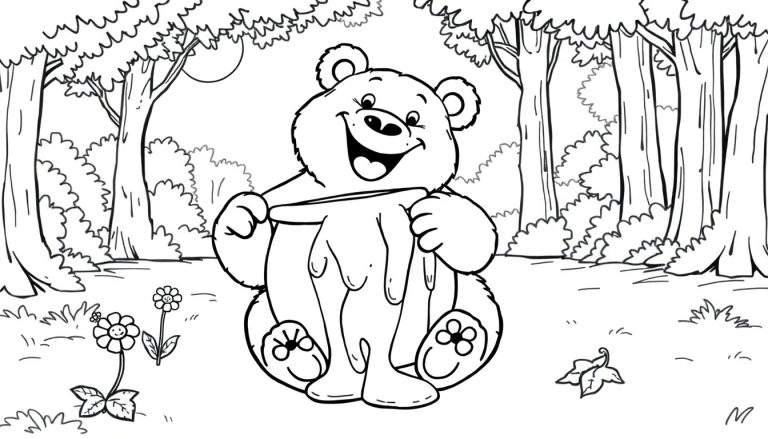 Un dibujo lineal en blanco y negro de un oso de peluche amigable sosteniendo una olla de miel que gotea, rodeado de elementos del bosque. Placa de color.