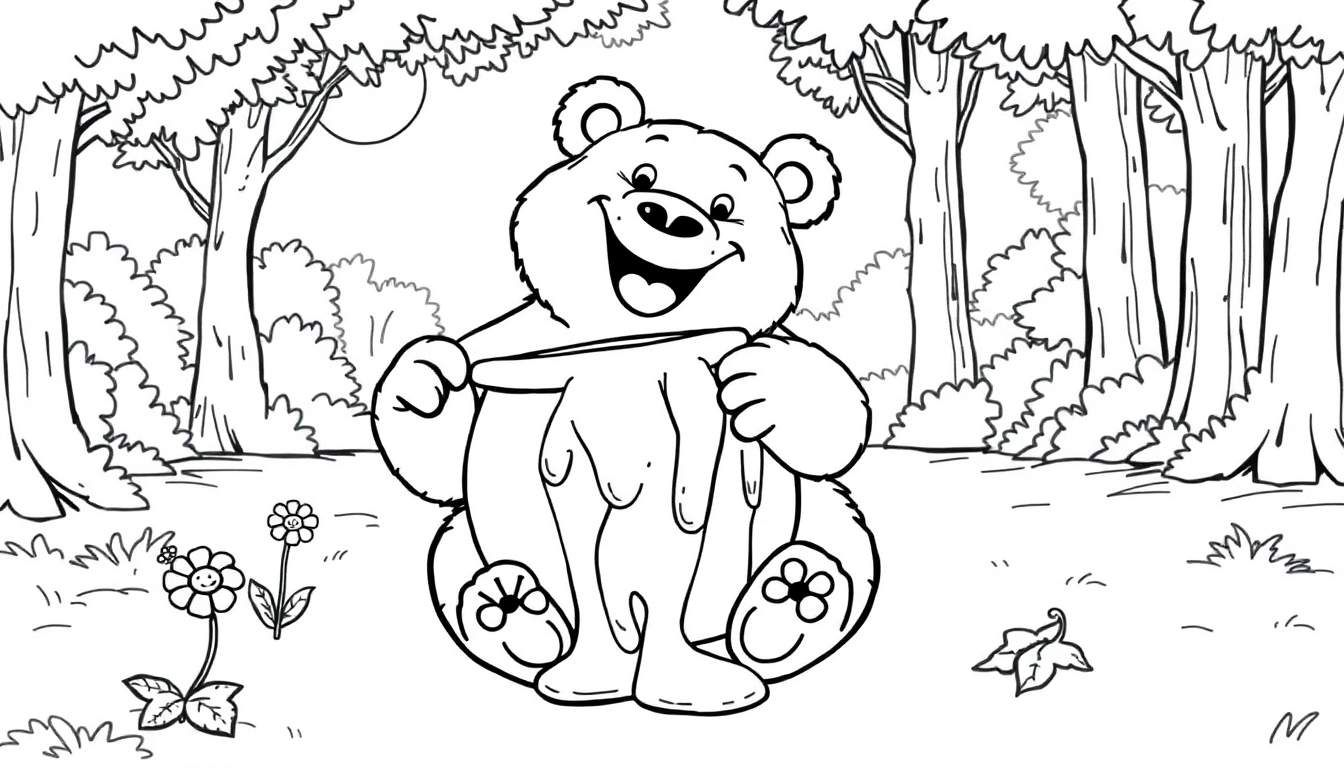 Un dibujo lineal en blanco y negro de un oso de peluche amigable sosteniendo una olla de miel que gotea, rodeado de elementos del bosque. Placa de color.