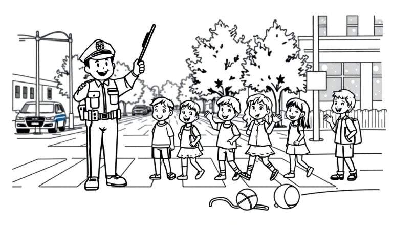 Un policía con su placa de color ayudando a niños a cruzar la calle.