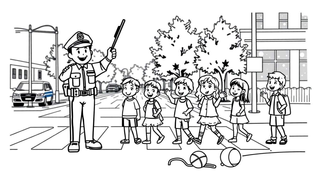 Un policía con su placa de color ayudando a niños a cruzar la calle.