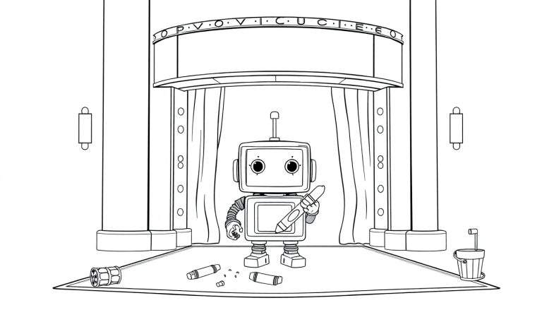 Un robot con un crayón en un escenario, rodeado de columnas, con la palabra PROVOCUE encima. Hay cortinas detrás y crayones en el suelo.