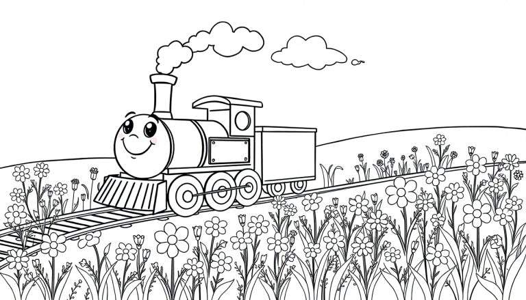 Placa de color de un tren de vapor amigable con cara sonriente dejando salir vapor, viajando por un campo de flores.