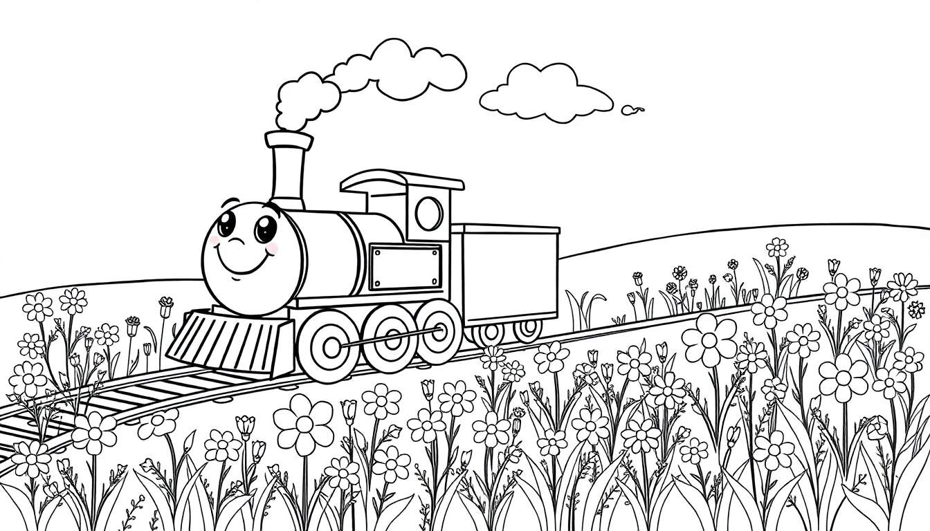Placa de color de un tren de vapor amigable con cara sonriente dejando salir vapor, viajando por un campo de flores.