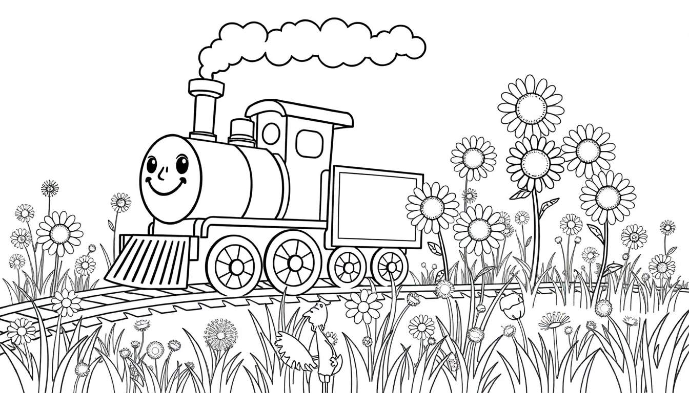 Un amigable tren de vapor sonriente con un vagón, viajando por un campo de flores para colorear, con humo saliendo de su chimenea. Una placa de color lista para ser pintada.
