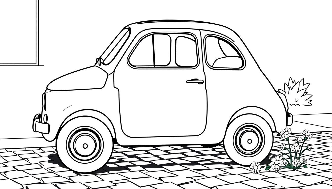 Un coche clásico Fiat 500 para colorear con una placa de color.