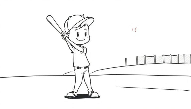 Un niño sonriente con un bate de béisbol y una placa de color en un campo.