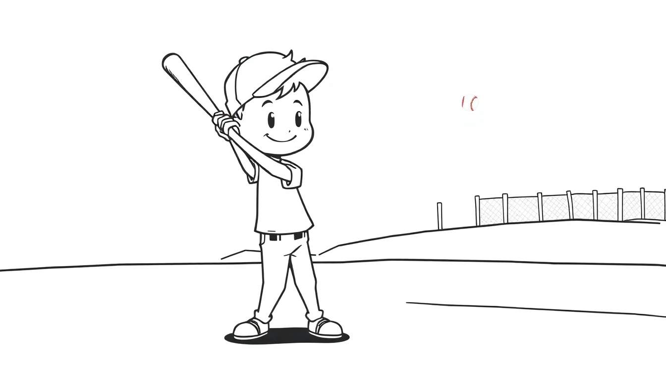 Un niño sonriente con un bate de béisbol y una placa de color en un campo.