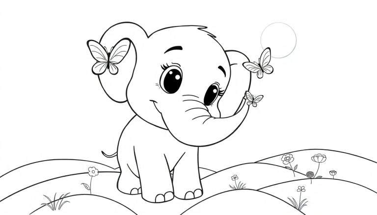Una página para colorear de un elefante amigable con mariposas.