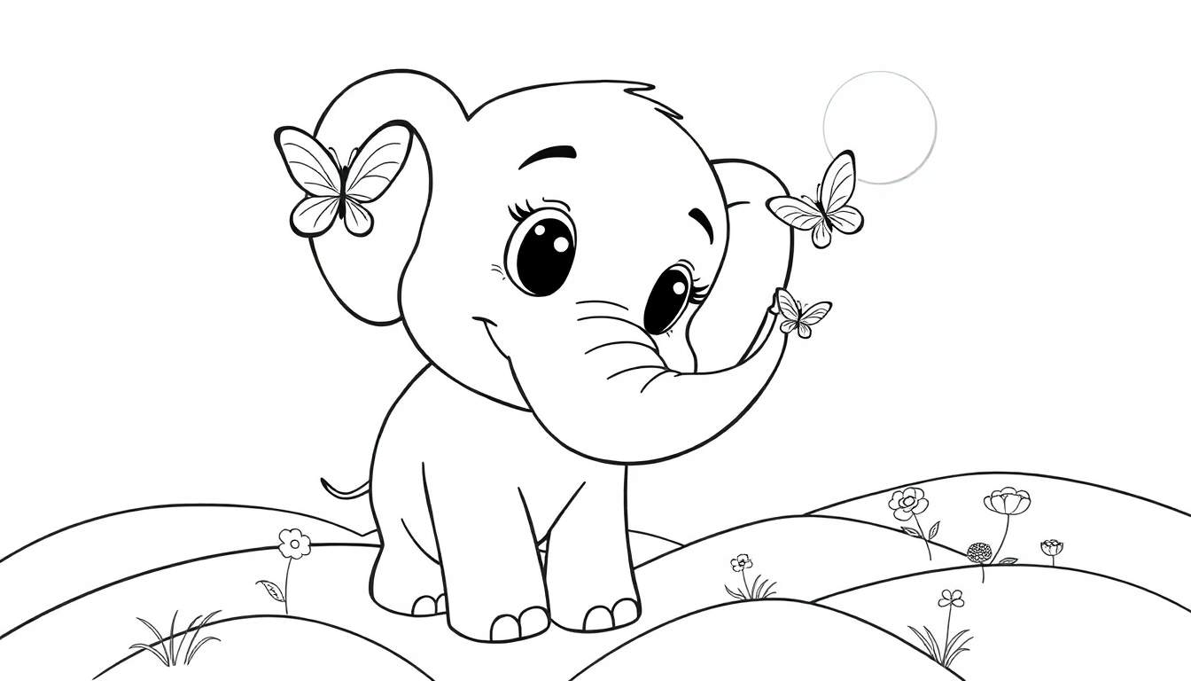 Una página para colorear de un elefante amigable con mariposas.