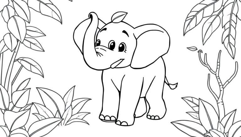 Ilustración lineal en blanco y negro de un elefante amigable con una hoja en la cabeza, listo para colorear en una jungla exuberante. Placa de color.