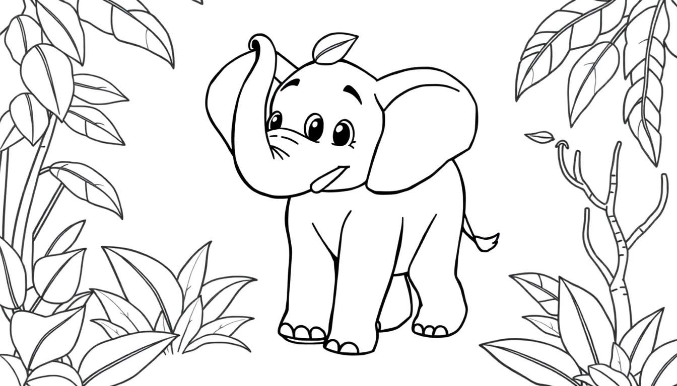 Ilustración lineal en blanco y negro de un elefante amigable con una hoja en la cabeza, listo para colorear en una jungla exuberante. Placa de color.