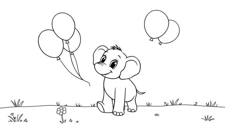 Elefantito amigable jugando con globos, página para colorear en blanco y negro, estilo infantil.