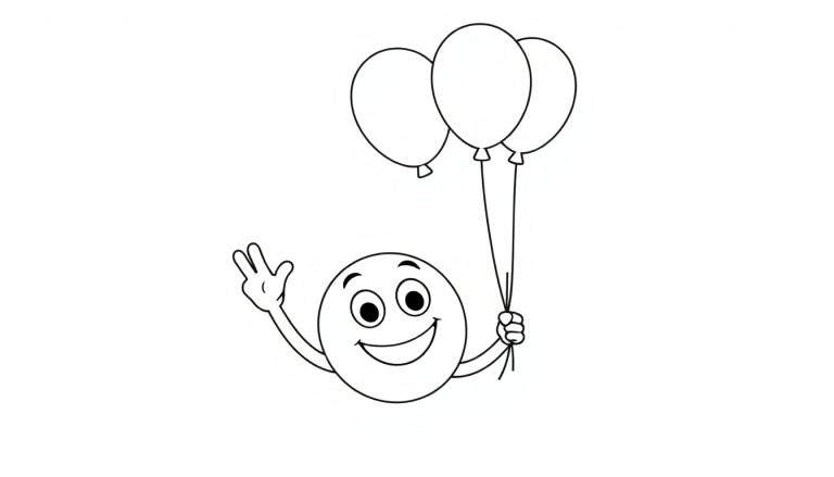 Un emoji feliz con una placa de color sonriendo y sosteniendo tres globos.