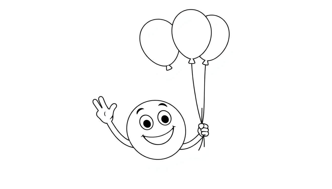 Un emoji feliz con una placa de color sonriendo y sosteniendo tres globos.