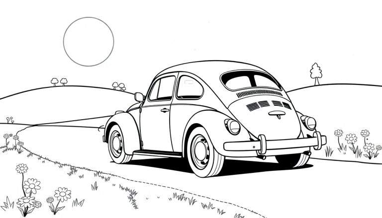 Un escarabajo Volkswagen vintage listo para colorear en una carretera rural con un sol o luna y colinas.