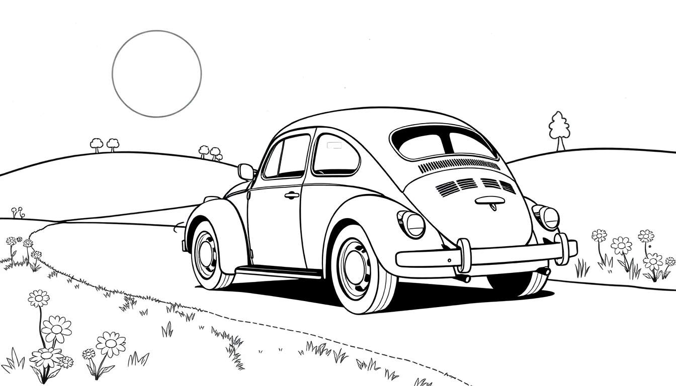 Un escarabajo Volkswagen vintage listo para colorear en una carretera rural con un sol o luna y colinas.