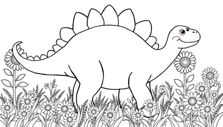 Estegosaurio para colorear con su placa dorsal y margaritas.