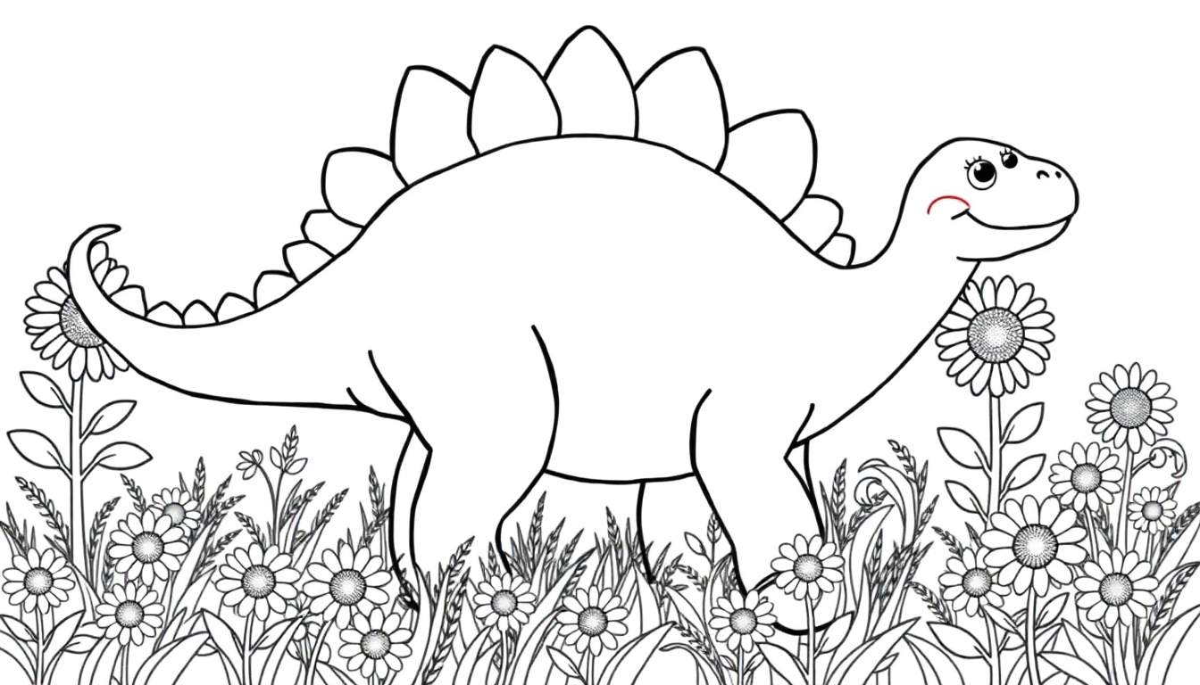 Estegosaurio para colorear con su placa dorsal y margaritas.