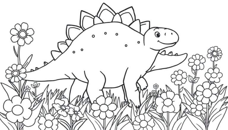 Un lindo Estegosaurio de dibujos animados con placas de colores en su lomo, rodeado de flores y hierba.