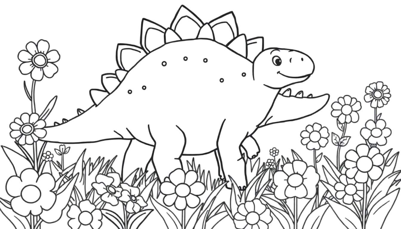 Un lindo Estegosaurio de dibujos animados con placas de colores en su lomo, rodeado de flores y hierba.