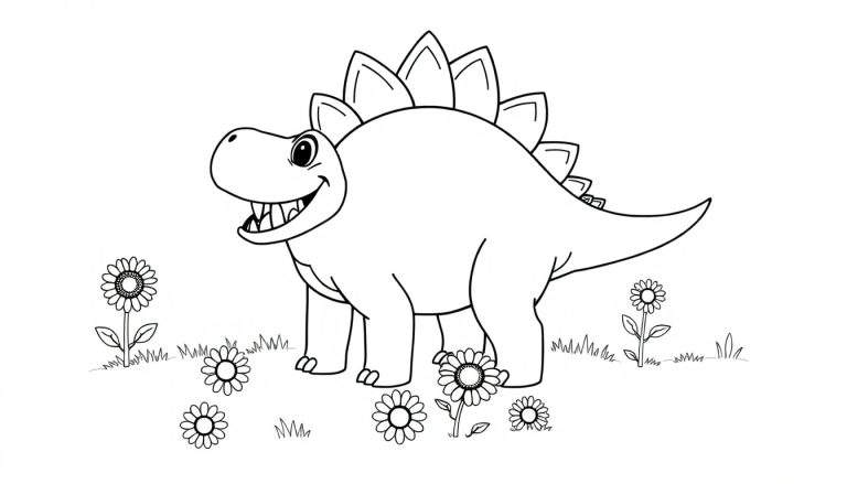 Estegosaurio sonriente con placa de color en campo de flores.