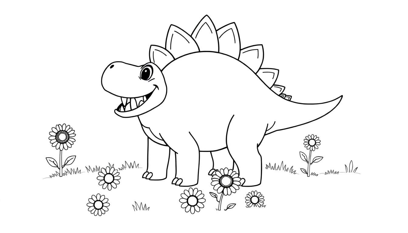 Estegosaurio sonriente con placa de color en campo de flores.