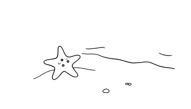 Placa de color de una estrella de mar sonriente en una playa con una ola.